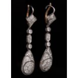 Pair of Edwardian Platinum and Diamond Pendant Earrings , set with 42 round diamonds totaling