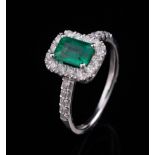 Platinum, Emerald and Diamond Ring , center prong set emerald cut emerald, approx. 1.02 cts., 7.00 x