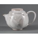 Art Pottery Teapot , 20th c., illegibly signed, gray and white glaze, h. 5 1/4 in., dia. 8 in