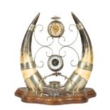 Antique American Horn-Mounted Desk Compendium , c. 1900, clock and barometer flanked by horns, oak