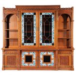 American Carved Oak Breakfront/Bookcase , attr. to Daniel Pabst, center case with leaded slag