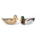 Pair of Louisiana Carved Wood Decoys , c. 1988, mallard drake and hen, by Barry Chauvin, Larose, LA,