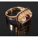 Victorian-Style 14 kt. Yellow Gold, Black Enamel, Ruby and Diamond Ring , set with a prong set ruby,