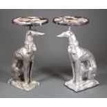 Pair of Art Deco-Style Tabourettes , specimen marble top, argente iron whippet figural supports,