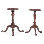 Two Antique Georgian Carved Mahogany Kettle Stands , dished tops, baluster turned standards,