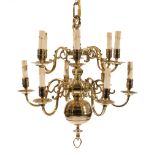 Antique Dutch Brass Twelve-Light Chandelier , 19thc., vasiform standard, scroll arms, electrified,