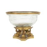 Austrian Gilt Bronze and Cut Glass Tazza , 19th c., oval body on 4 dolphin supports alternating with