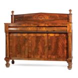 American Classical Mahogany Sideboard , 19th c., New York, backsplash urn finials, bolection