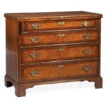 Antique Georgian Inlaid Walnut Bachelor's Chest , foldover top, graduated drawers, molded bracket