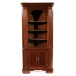Federal-Style Mahogany Corner Cupboard , blocked stepped cornice, reeded stiles, three shaped