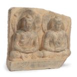 Chinese Carved Stone Buddhist Fragment , probably a stele, carved with two Bodhisattvas seated in