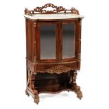 American Carved Rosewood Music Cabinet , mid-19th c., pierced gallery, shaped marble top, conforming