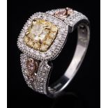 14 kt. White, Yellow and Pink Gold and Multi-Colored Diamond Ring , center cushion cut diamond,