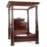 American Late Classical Carved Mahogany Four Poster Tester Bed , c. 1840, cyma molded tester,