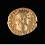 Ancient Roman Gold Aureus Coin of Emperor Nero , c. 65 CE, obverse with portrait of Nero crowned