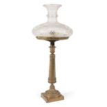 American Brass Sinumbra Lamp , 19th c., tapering columnar standard, round foliate base, square