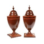 Pair of Antique Adam-Style Mahogany and Satinwood Inlaid Cutlery Urns , telescoping lids with urn