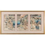 Utagawa Kunisada as Toyokuni III (Japanese, 1786-1865) , woodblock print triptych, depicting figures