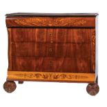 Antique Biedermeier Inlaid Mahogany and Parcel Ebonized Chest of Drawers , inset molded top,