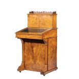 William IV Inlaid and Burl Walnut Davenport Desk , c. 1840, superstructure with reticulated gallery,