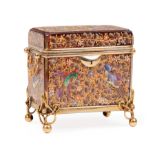 Brass-Mounted and Enameled Bohemian Glass Dresser Box , early 20th c., hinged lid, scroll handles