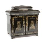 Antique Ebonized and Mother-of-Pearl Inlaid Sarcophagus-Form Coffer , 19th c., fitted interior,