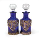 Pair of French Bronze-Mounted Cobalt Glass Perfume Bottles , faceted stoppers, h. 7 in., dia. 2 1/