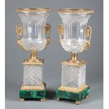 Pair of Neoclassical-Style Gilt Bronze-Mounted Cut Glass and Malachite Campagna Urns , floral scroll