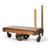 Antique Oak and Cast Iron Wharf Cart , plank top, large paired wheels centered, smaller pivot