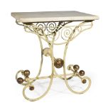 French Iron and Brass Pastry Table , thick marble top, scrolled apron, brass bosses, spherule-