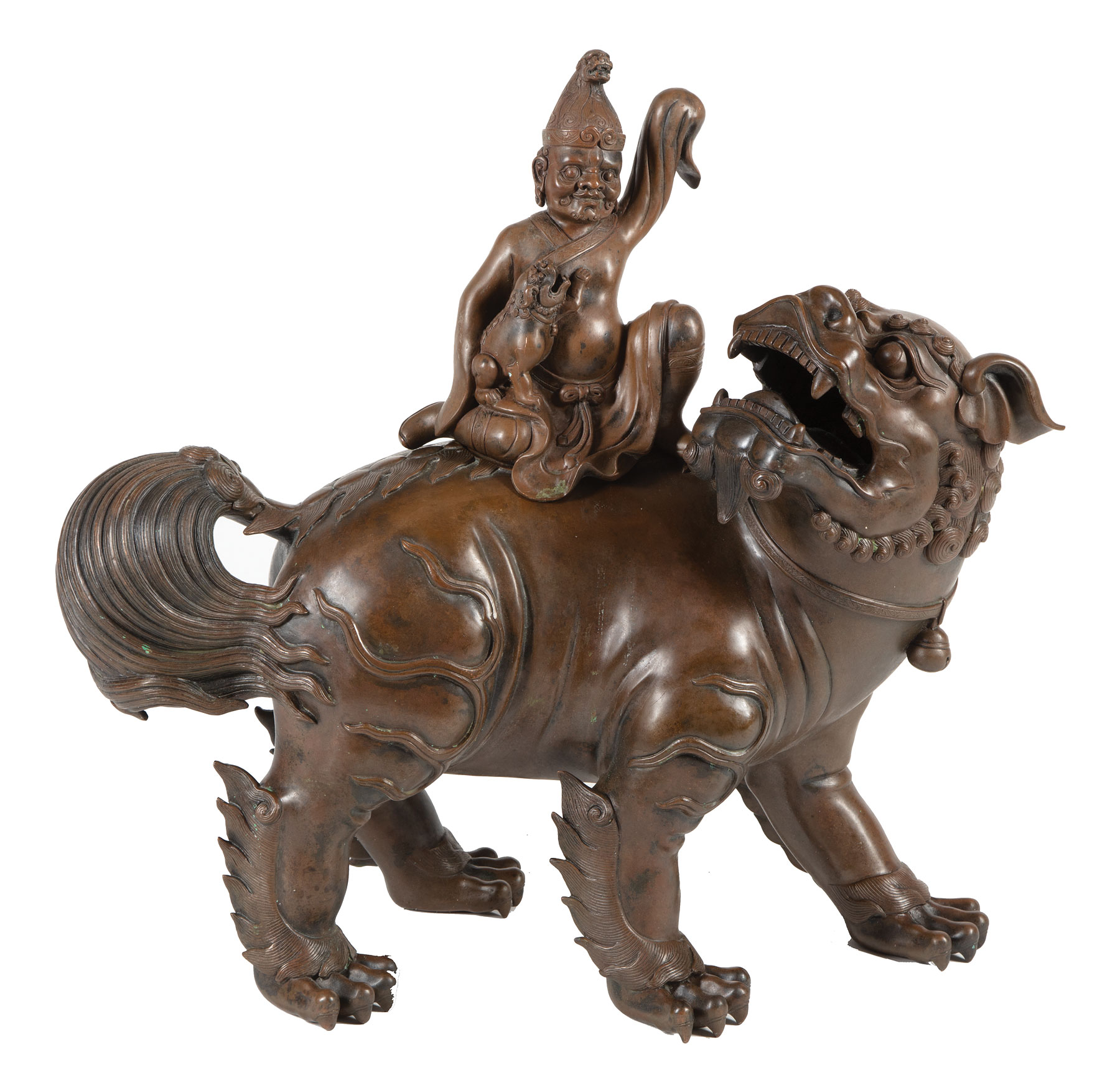 Chinese Bronze Censer , cast as a large Buddhist lion, cover formed as the "Mad Monk" Ji Gong