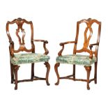 Two Italian Carved Fruitwood Armchairs , 19th c., shell centered scroll crest, pierced splat, shaped