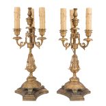 Pair of French Bronze Three-Light Candelabra Lamps , c. 1900, foliate arms, tripartite base,