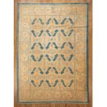 Oushak Carpet , khaki ground, repeating designs in blue, 10 ft. x 14 ft. 3 in