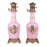 Pair of Paris Rose Pompadour Porcelain Vases , 19th c., reserved with portraits and medallions, gilt