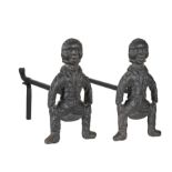 Pair of Cast Iron "Jolly Fellows" Andirons , h. 16 1/2 in., w. 9 1/4 in., d. 23 in