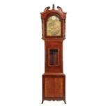 Antique English Oak and Mahogany Tall Case Clock , brass dial, painted moon phase, striking gong