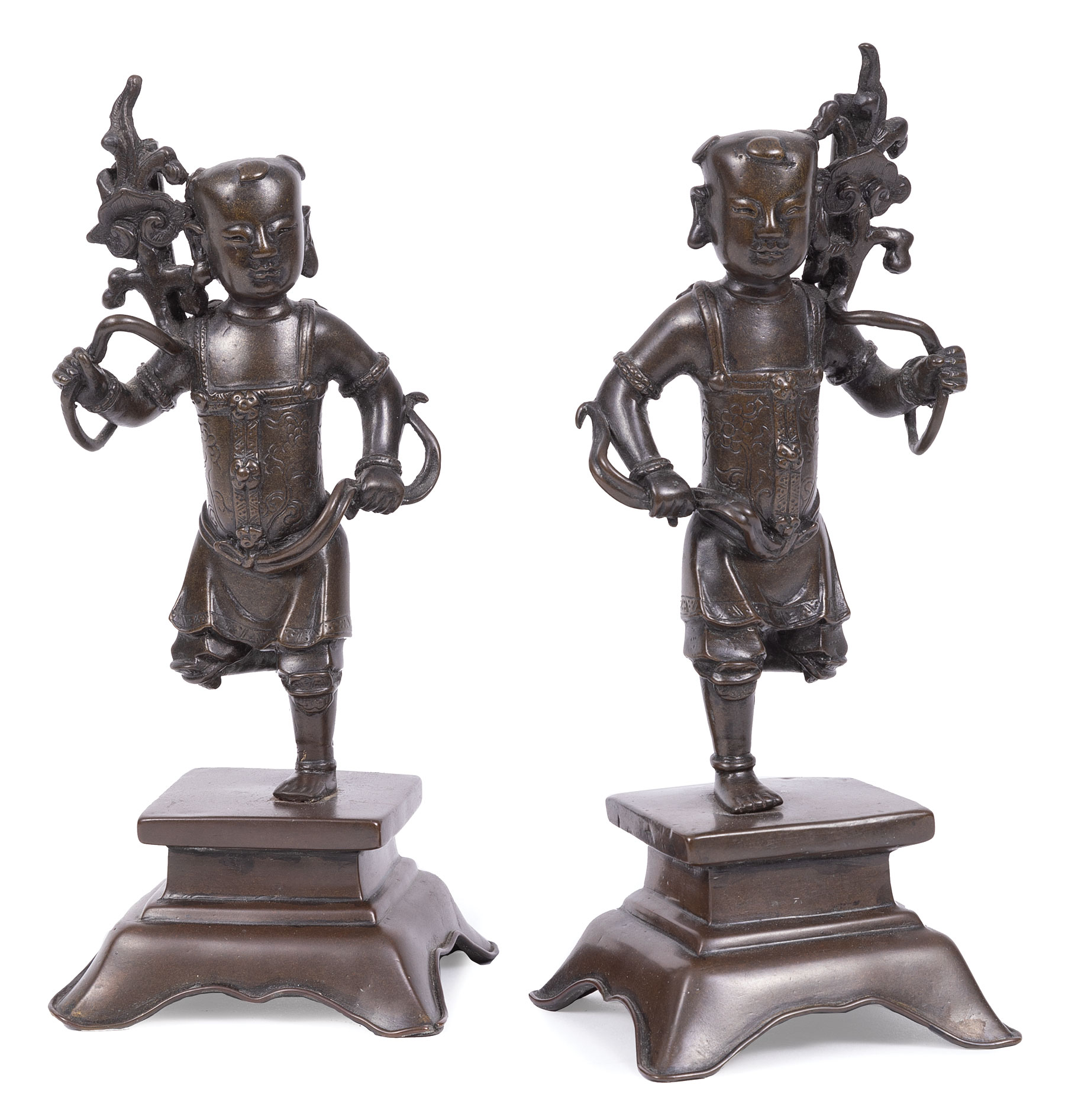 Pair of Chinese Bronze Figural Incense Stick Holders , Qing Dynasty (1644-1911), each modeled in