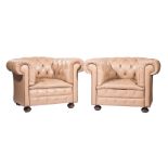 Pair of Leather Chesterfield Chairs , button tufted back and seat, nailhead trim, bun feet, h. 30