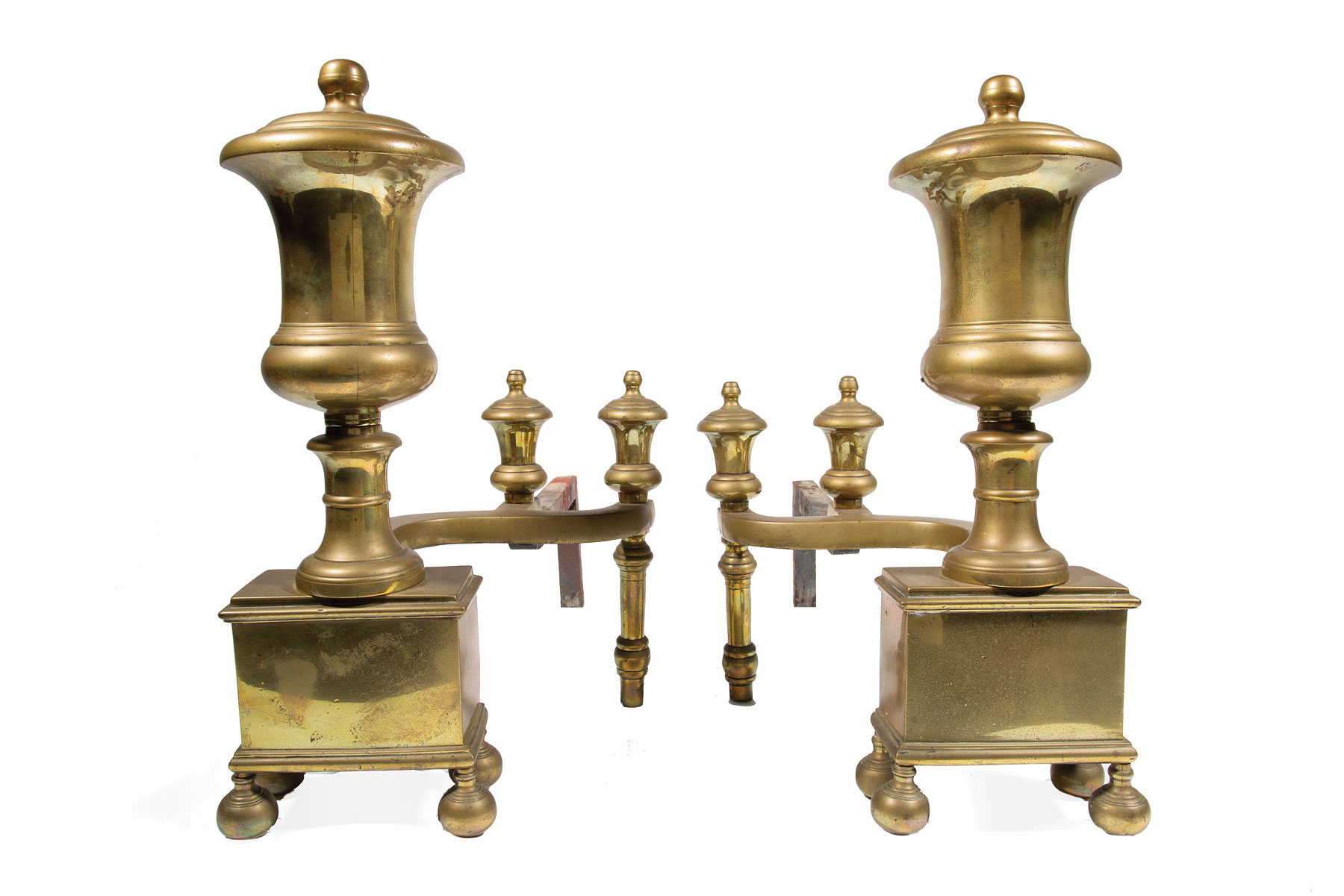 Pair of American Brass Urn-Form Andirons , 19th c., h. 17 in., w. 10 in., d. 23 in . Provenance: