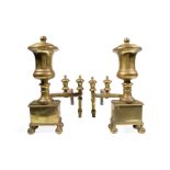 Pair of American Brass Urn-Form Andirons , 19th c., h. 17 in., w. 10 in., d. 23 in . Provenance:
