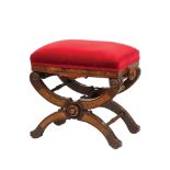 American Walnut Curule Stool , late 19th c., velvet upholstery, turned bosses , h. 22 in., w. 23