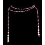 Garnet Bead Lariat-Type Necklace , strung with 165 round garnets, approx. 5.3 mm; yellow gold bead