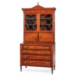American Federal Inlaid Mahogany Secretary Bookcase , early 19th c., blocked pediment with
