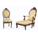 American Rococo Carved Rosewood Chaise , probably New York, floral and foliate crest, pierced