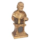 Italian Gilt and Polychromed Wood Reliquary , 18th/19th c., surmounted by the figure of a saint,