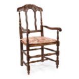 Antique Provincial Walnut Armchair , foliate scroll crest, carved splats, rush seat, blocked and