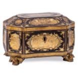 Chinese Export Gilt-Decorated Black Lacquer Tea Caddy , 19th c., octagonal form painted with