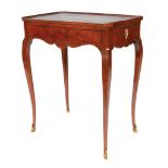 Louis XV-Style Fruitwood Side Table , 19th c., inset leather top with gallery, frieze drawer, shaped