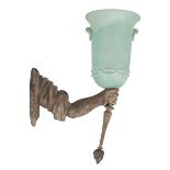 Continental Patinated Bronze Sconce , in the form of an arm holding a torch, hurricane shade, h.